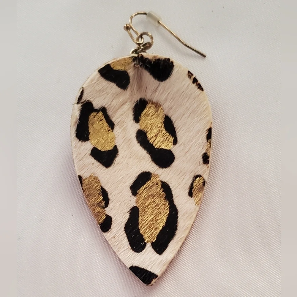 Leopard Print Faux Leather Teardrop Earrings Gold And Black Boho Lightweight